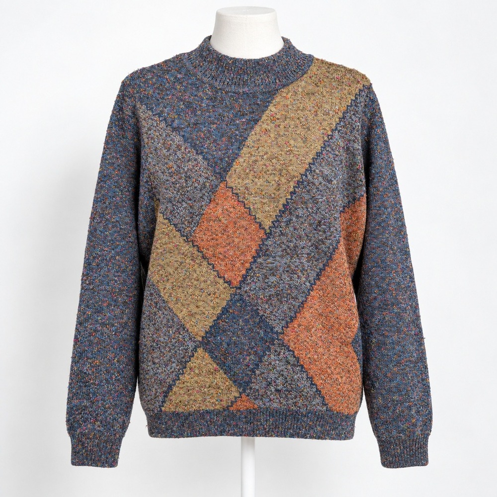 Vintage 90s Asymmetric Geometric Mock Neck Sweater Size S Cottagecore Grandpa